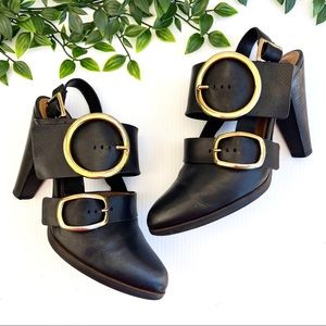 CHLOE Slingback gold buckle Stacked 4” wooden heel ankle boots, black US 9/EU 40